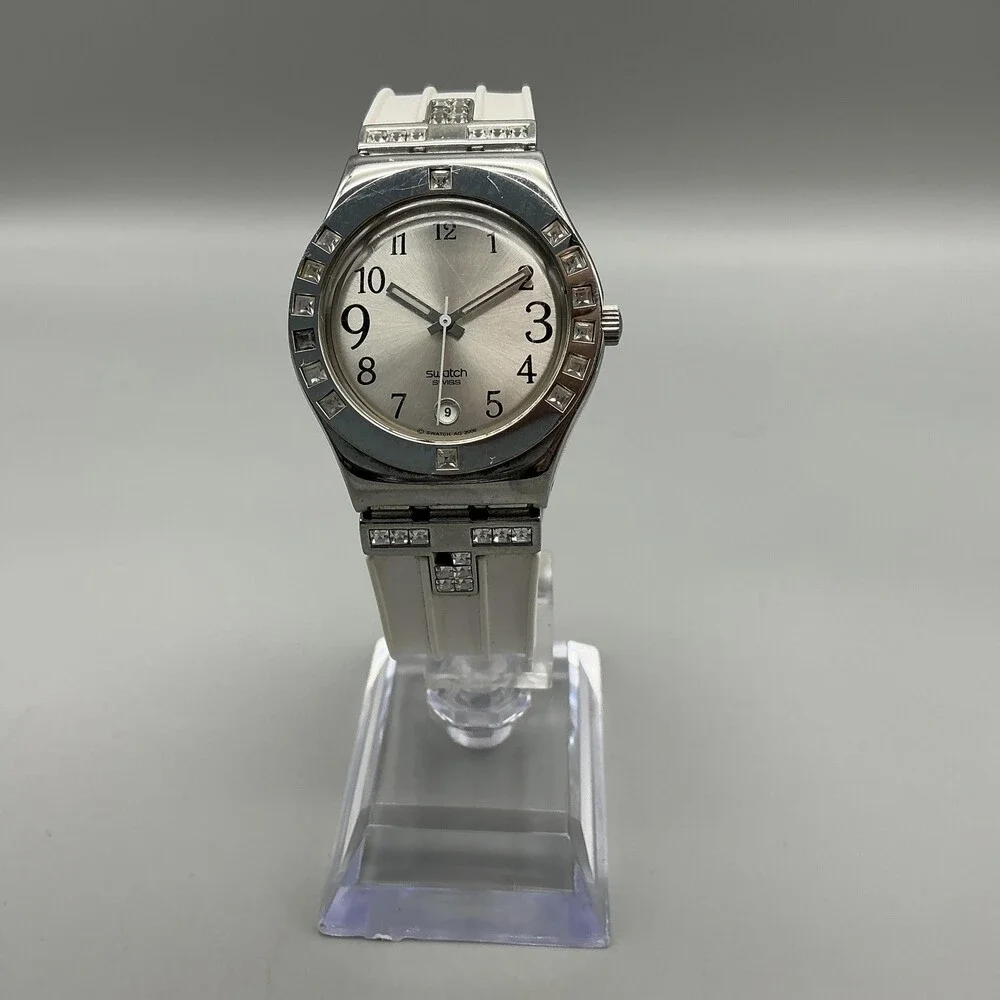 Vintage Swatch Irony Fancy Me YLS430 Womens Watch 31mm Silver Tone Date Swiss